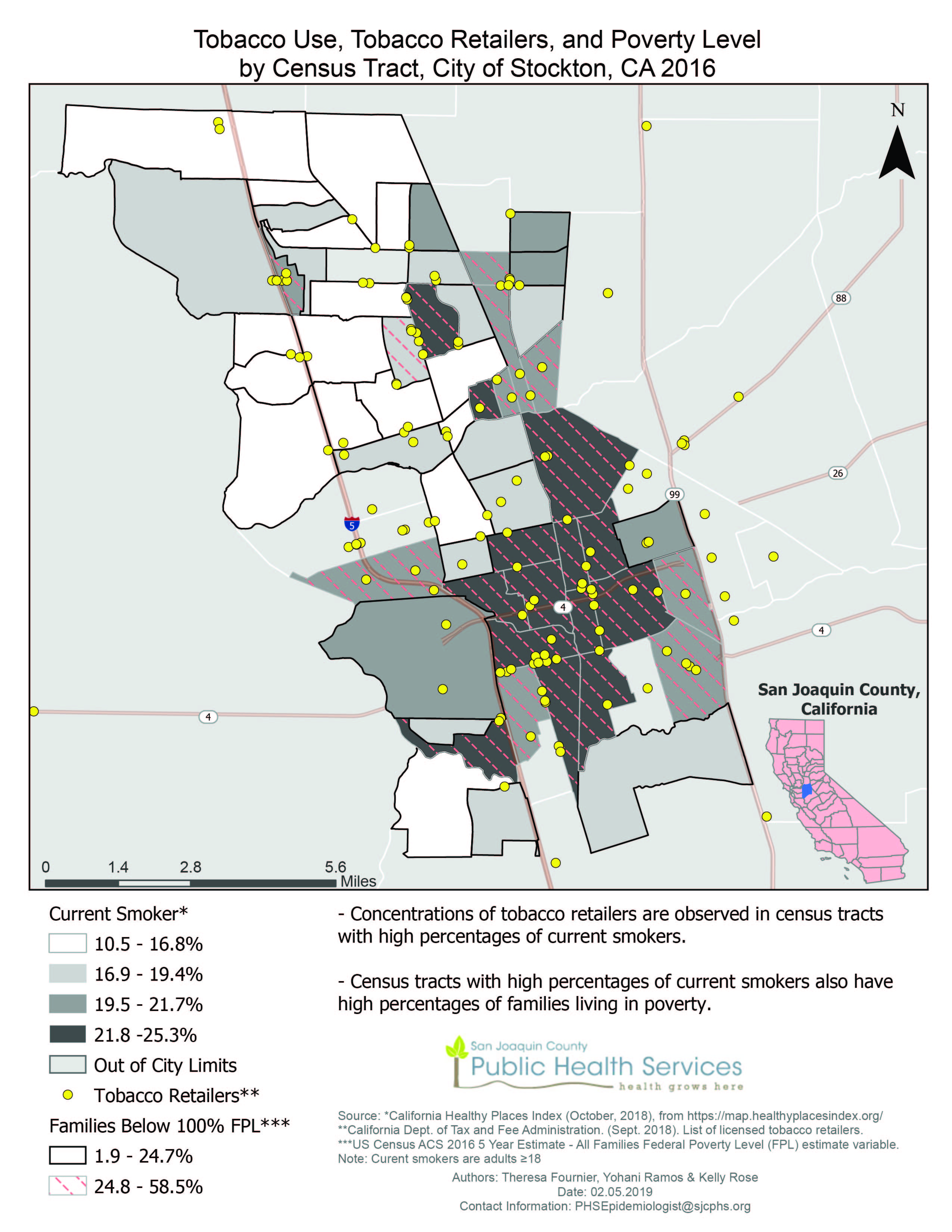 CA_Tobacco This map displays the percentage of current smokers by census tract in the City of Stockton, California. It was overlaid with 2016 5-yr estimate poverty data. Tobacco retailer locations were also indicated to show spatial correlations between census tracts with higher percentages of current smokers and retailers that sell tobacco products.