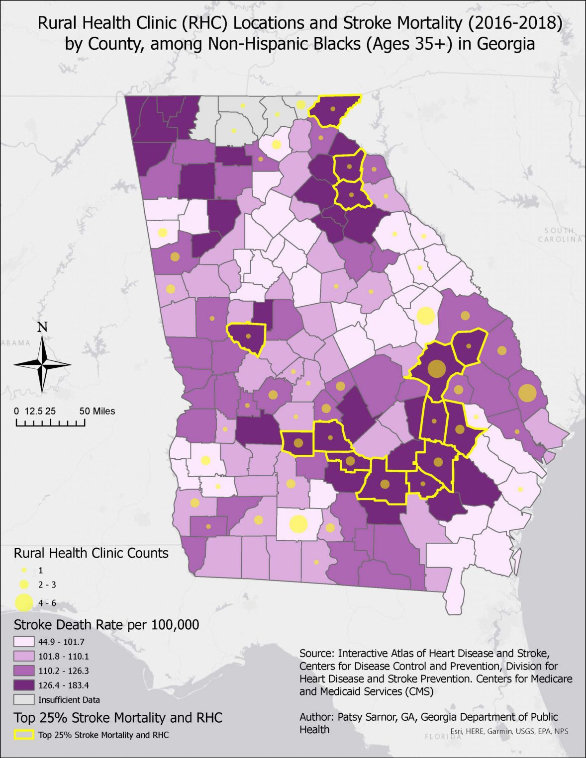 GA-RHCs Rural Health Clinics Locations and Stroke Mortality (2016-2018) by County, among Non-Hispanic Blacks (Ages 35 plus) in GA