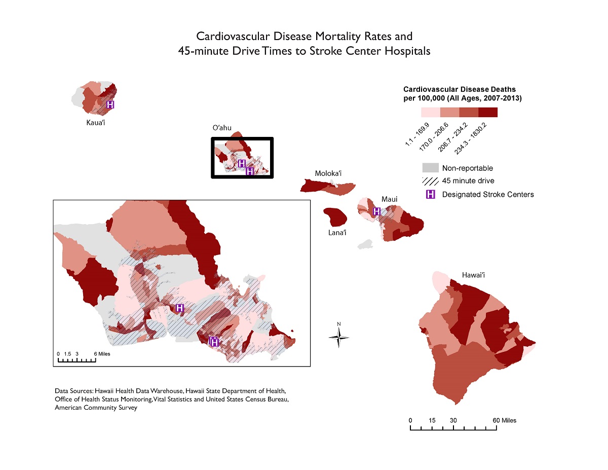 HI_cvd_mortality This choropleth map displays state-level cardiovascular disease mortality rates per 100,000 people by census tract for the state of Hawaii, ages 18–65 years, for the years 2007–2013. Many of the communities with the highest rates of mortality—from 234.3 to 1830.2 per 100,000—are located more than 45 minutes from the nearest designated stroke center. There is an inset map of the island of O‘ahu that shows a magnified view of the drive time analysis, location of the designated stroke centers, and highest areas of cardiovascular disease burden.