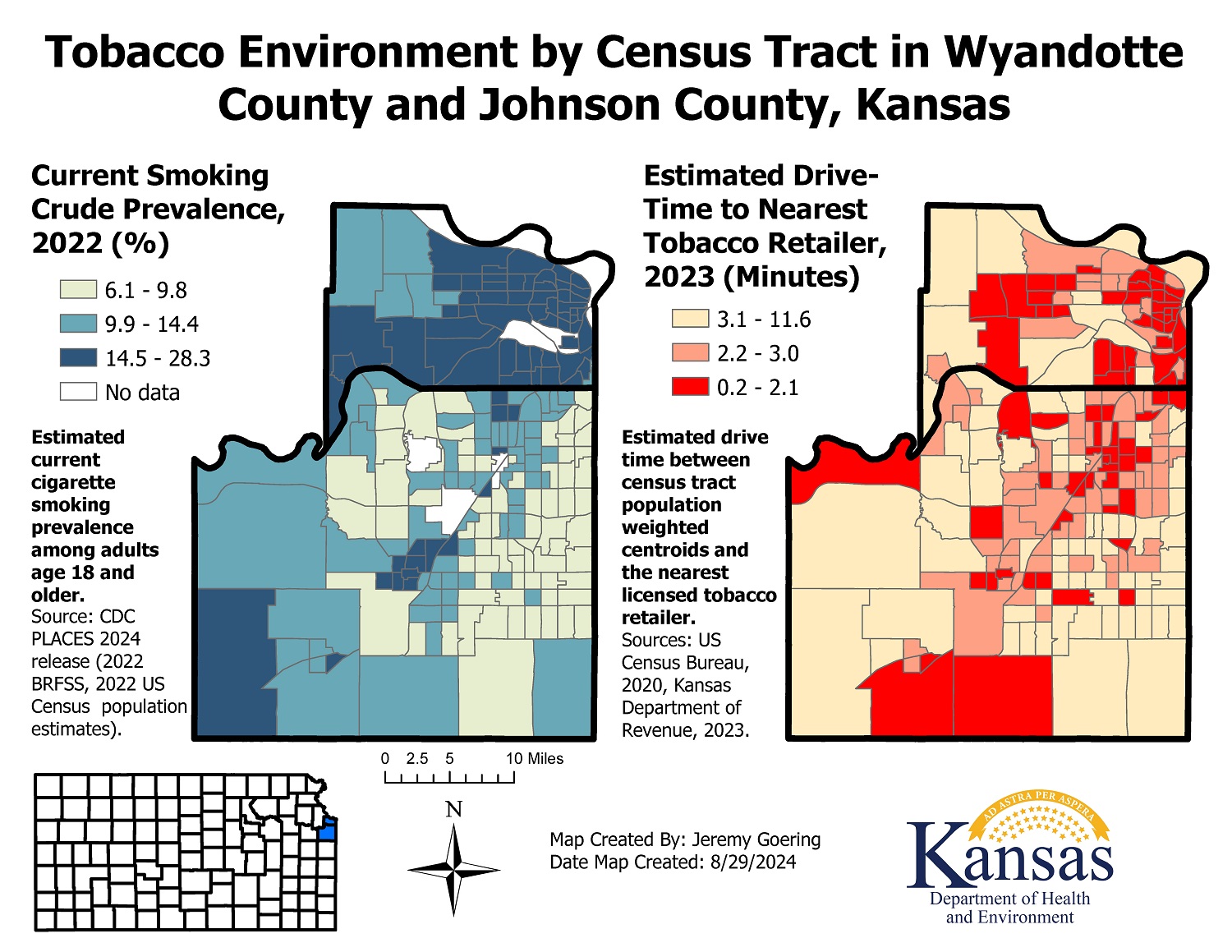 KS_Tobacco_Environment This map displays two census tract-level choropleth maps of the tobacco environment in Johnson County and Wyandotte County, Kansas. The first map displays crude prevalence of current cigarette smoking among adults age 18 or older, by census tract, for the year 2022. In this choropleth map, census tracts are shaded according to drive-the smoking prevalence tertile they belong to. Compared to Johnson County, Wyandotte county has a higher proportion of census tracts belonging to the highest tertile of cigarette smoking prevalence. The second map displays the estimated drive-time, in minutes, between the census tract population-weighted centroid and the licensed tobacco retailer nearest to that centroid for the year 2023. In this choropleth map, census tracts are shaded according to the drive-time tertile they belong to. Compared to Johnson County, Wyandotte County has a higher proportion of census tracts where the drive time from the center of population is the lowest tertile, indicating a short drive-time to a tobacco retailer.