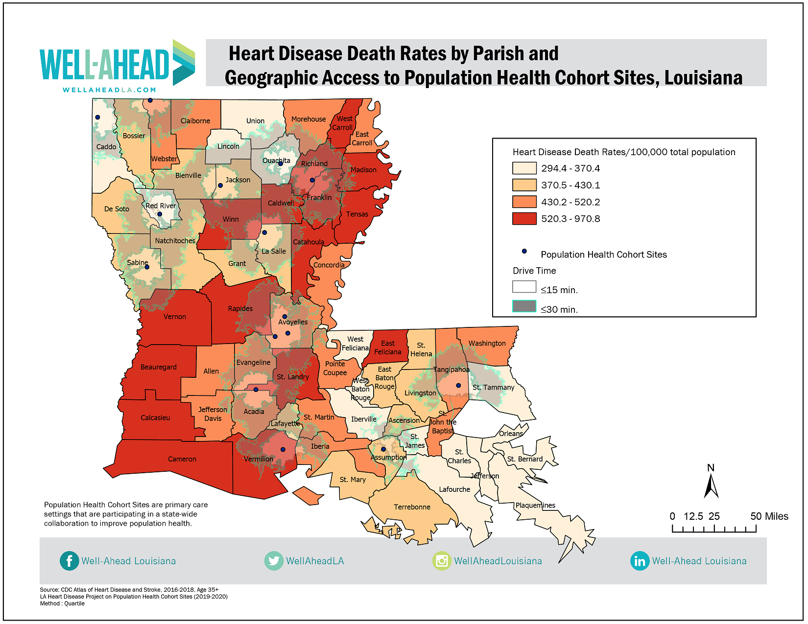 LA-hd-deathrates Heart Disease Death Rates by Parish and Geographic Access to Population Health Cohort Sites, Louisiana