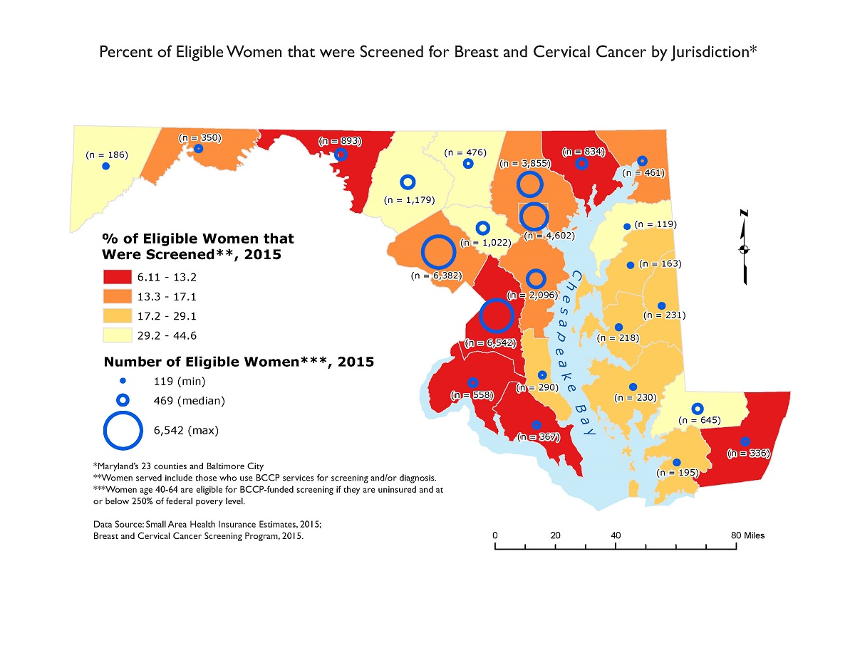 MD_breast_cervial_screening The choropleth map indicates the percentage of eligible women who received breast and cervical cancer screening, diagnosis, or patient navigation services from the Maryland Department of Health’s Breast and Cervical Cancer Program (BCCP). Red indicates the lowest percentage of eligible women served, and yellow indicates the highest percentage of eligible women served. In each local jurisdiction, the blue circle is proportionate to the total number of women eligible for BCCP services in that jurisdiction.