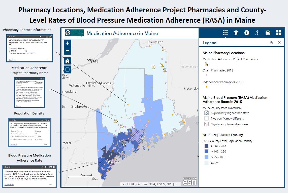ME-pharmacy This is a graphic that consists of a screenshot of the main page of an interactive map of Maine, showing blood pressure medication adherence rates. The map shows that York County in the southernmost region of Maine has higher adherence rates, while Waldo County in south central Maine has significantly lower adherence rates.