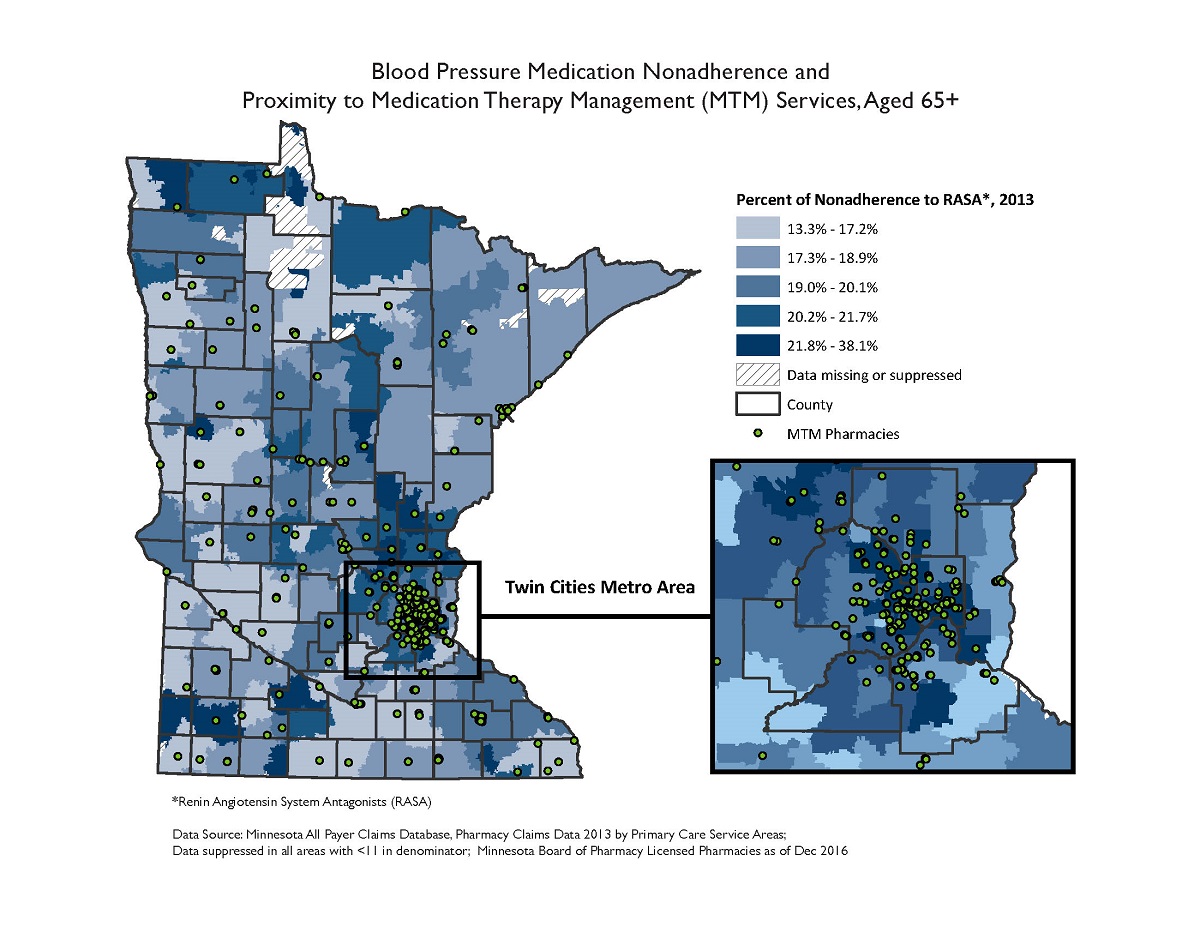 MN_bp_adherence_MTM This map displays the percentage of Minnesotans aged 65 and older who are nonadherent to their blood pressure medications. In 2013, the highest levels of nonadherence--21.8 percent to 38.1 percent--are scattered throughout the state, with clusters in the inner Twin Cities, rural and exurban areas to the north of the Twin Cities, and scattered pockets in rural sections of southwestern, west central, and northwestern Minnesota. The lowest levels of nonadherence--13.3 percent to 17.2 percent--are scattered throughout rural parts of Minnesota. Retail and clinic-based pharmacies with at least one pharmacist credentialed to provide medication therapy management services are denoted with green dots.