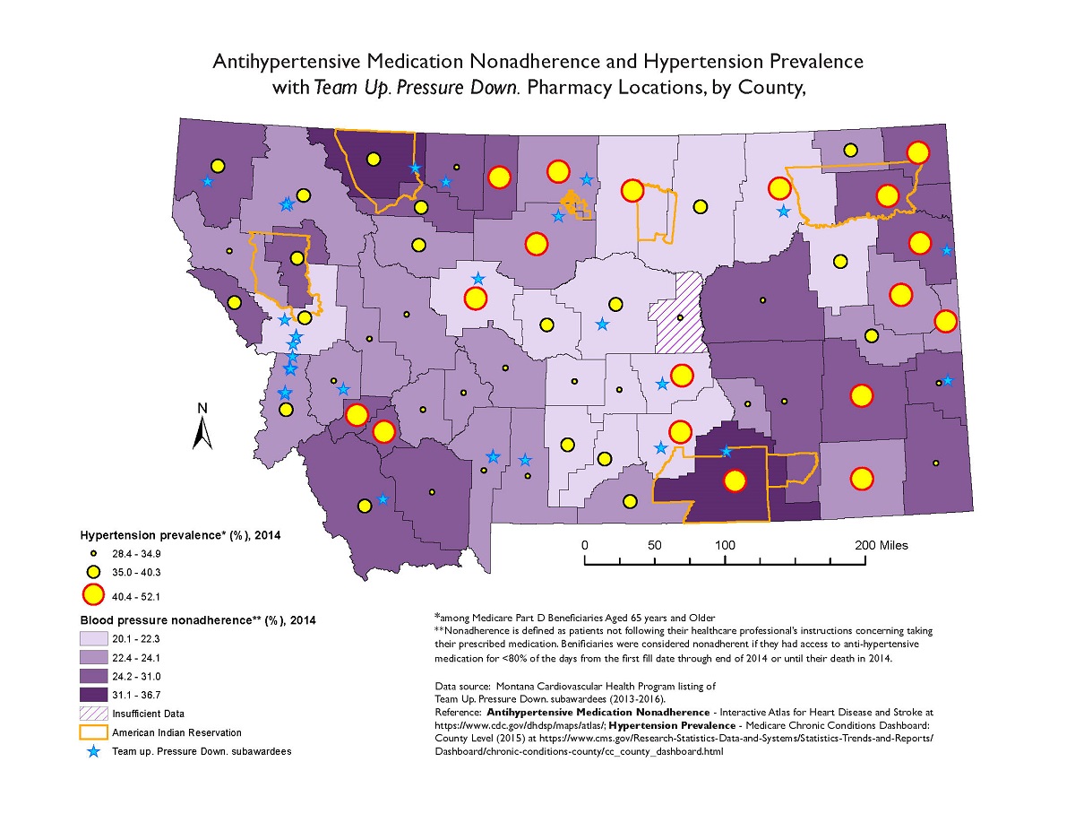 MT_htn_med_nonadherence This map illustrates the antihypertensive medication nonadherence and hypertension prevalence among Medicare Part D beneficiaries 65 years and older at the county level for 2014. The highest rates of blood pressure medication nonadherence was less than 31 percent are noted in two counties with a large area covered by three of Montana’s American Indian reservations. Counties with the lowest blood pressure medication nonadherence rates--40 percent--hypertension prevalence rates are scattered throughout the state, with clusters in the eastern part of the state. Also illustrated are the locations of the community pharmacies that participated in the Team Up. Pressure Down. (TUPD) project. A large majority of TUPD community pharmacy subawardees are located in the western part of Montana, but only a few community pharmacies in the eastern part of the state are participating in the TUPD project.