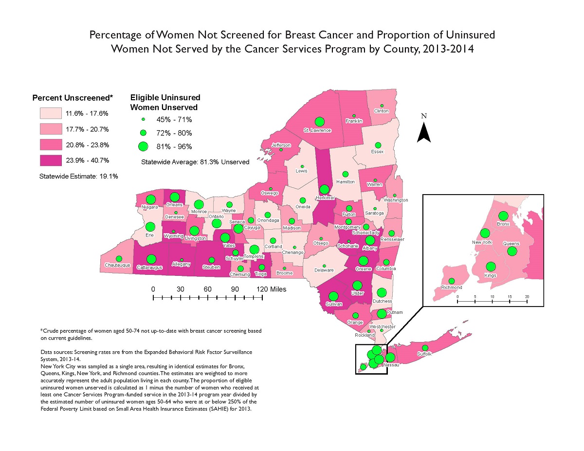 NY_breast_cancer_screening This map displays the percentage of women unscreened for breast cancer by county in New York State and the proportion of uninsured women who did not receive screening services through the New York State Cancer Services Program. Several counties have a large proportion of women who are unscreened, including parts of western and central New York. In addition, a large percentage of women who are eligible for screening services through the New York State Cancer Services Program are not being reached by the program, including women in several counties downstate and in western New York.