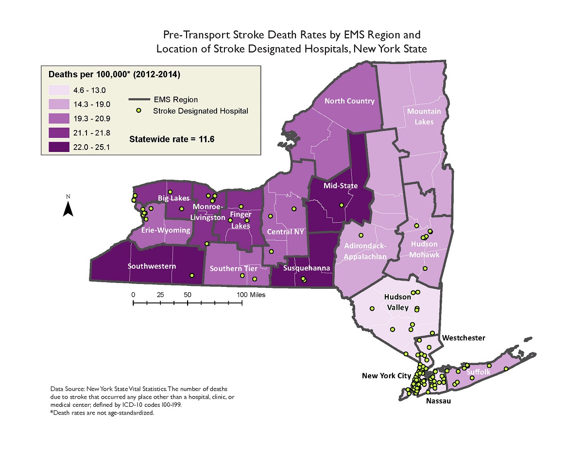 NY_pretransport_stroke_death This map displays crude pretransport stroke death rates by emergency medical system (EMS) region in New York State for the years 2012–2014. Pretransport stroke deaths are the number of deaths due to stroke that occurred any place other than a hospital, clinic, or medical center. The concentrations of EMS regions with the highest pretransport stroke death rates are located primarily in the central and western regions of the state, while the lowest pretransport stroke death rates are predominantly located in the EMS regions closer to New York City and the eastern half of the state. The crude pretransport stroke death rates range from 4.6 to 25.1 per 100,000 residents among all the regions in the state, while the average crude pretransport stroke death rate was 11.6 per 100,000 deaths during 2012–2014.