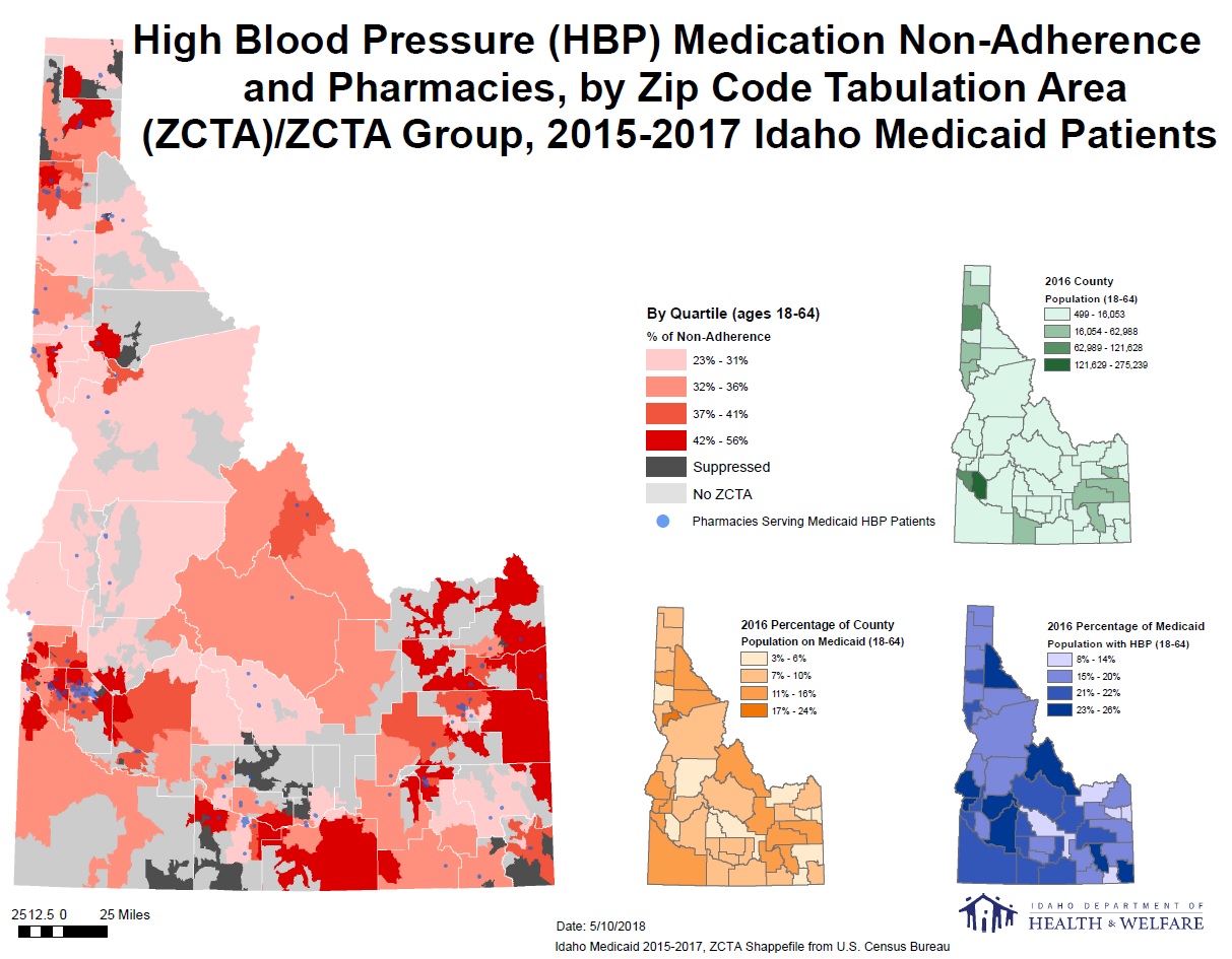 id-HBP This map displays ZIP Code tabulation area (ZCTA)–level high blood pressure medication non-adherence rates among Medicaid patients in the state of Idaho, 2015–2017. The map indicates variable but elevated rates of non-adherence within the state’s population centers (as indicated by clustering of pharmacy locations), with higher rates frequently seen in adjoining rural areas. For comparison to inset maps, the map displays county boundaries as well. Three inset maps provide context of how Idaho’s population is dispersed. One inset map displays overall population by county, indicating the highest population in the Southwest part of the state. The other two inset maps display percentages of each county’s overall Medicaid population and Medicaid population with HBP, respectively. The counties with higher percentages of Medicaid populations largely correspond to the areas of highest medication non-adherence shown in the main map.