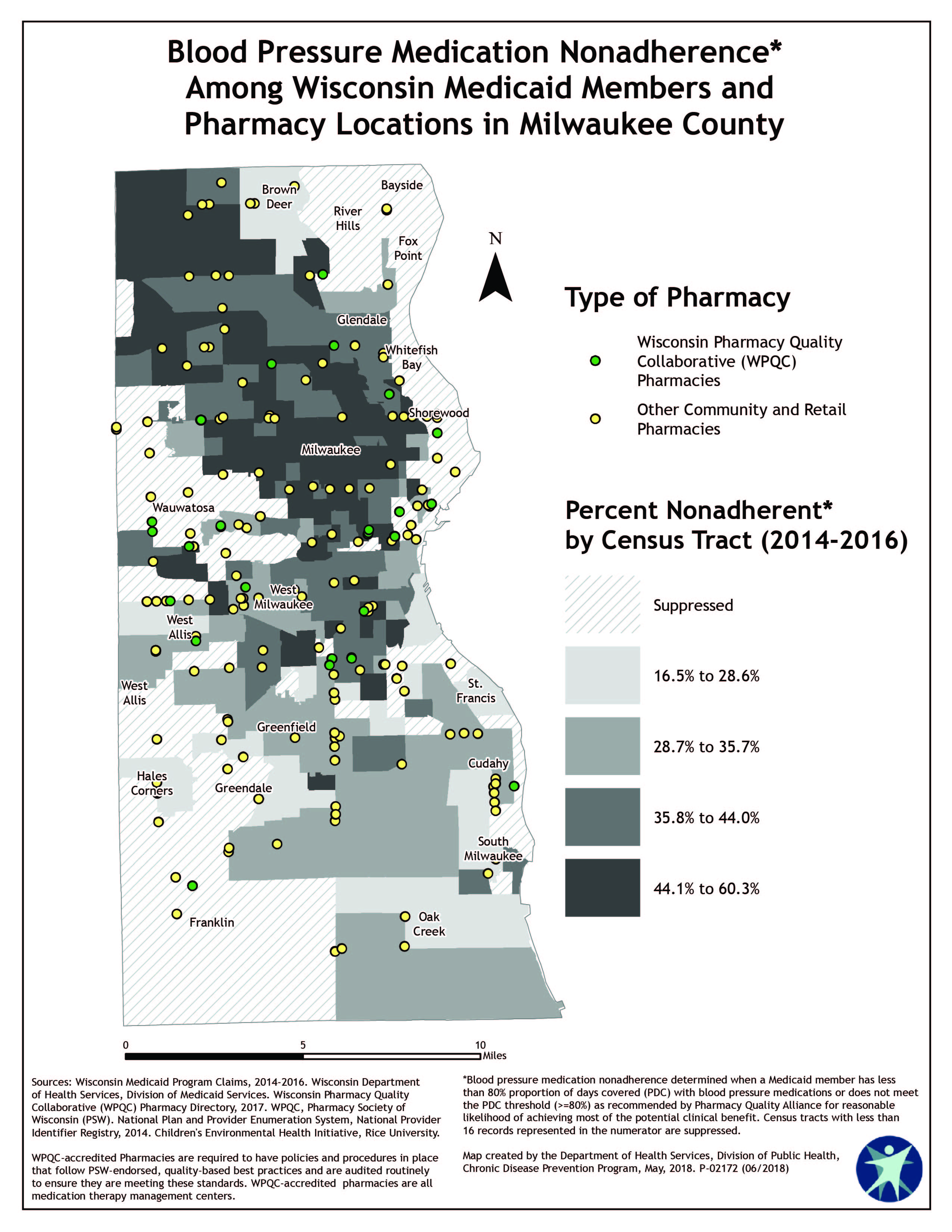 wi_mwk_cty Blood Pressure Medication Nonadherence Among Medicaid Members (2014-2016) and Pharmacy Locations in Milwaukee County