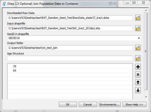 AggData4 The Step 1.5 window showing the raw data field, shapefile field, GeoID field, Output field, and Age structure.