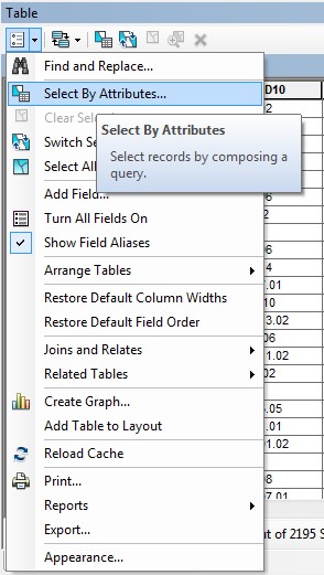 AggData8 The Table Options window with Select by Attributes option highlighted.