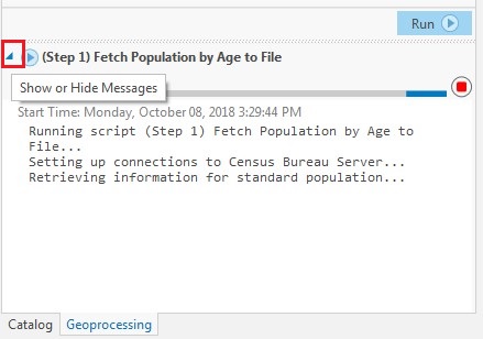 ArcGISPro_10 Step 1 Fetch Population by Age to File showing a screenshot of the script running.