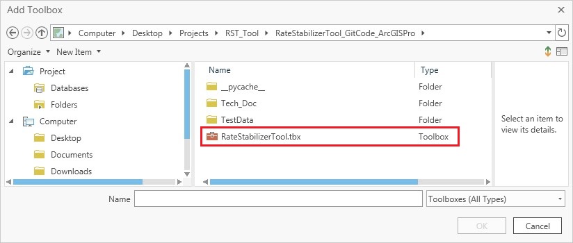 ArcGISPro_3 Workspace location with RateStabilizerTool.tbx chosen.