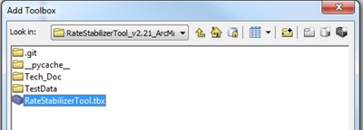 ArcMap3 The Add Toolbox window with the Rate Stabilizer Tool highlighted.