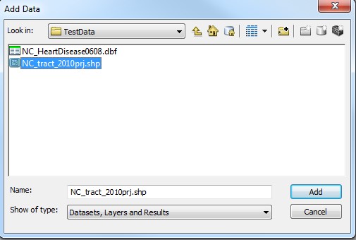ArcMap5 The Add Data option, with the .shp dataset file highlighted.