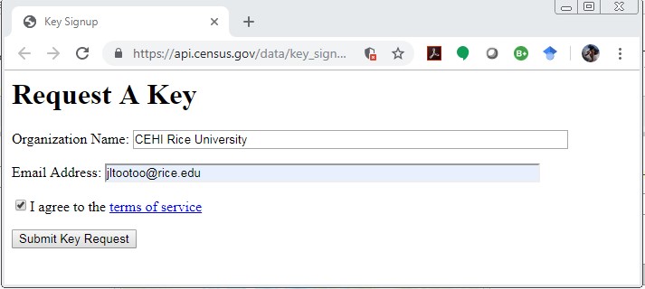 api1 The Request a Key window where you enter your organization name and email address.