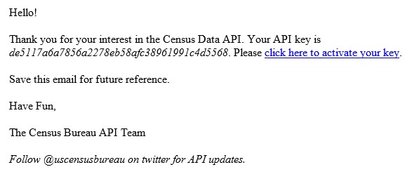 api2 The Hello! window from the Census Bureau API Team with the API key showing.