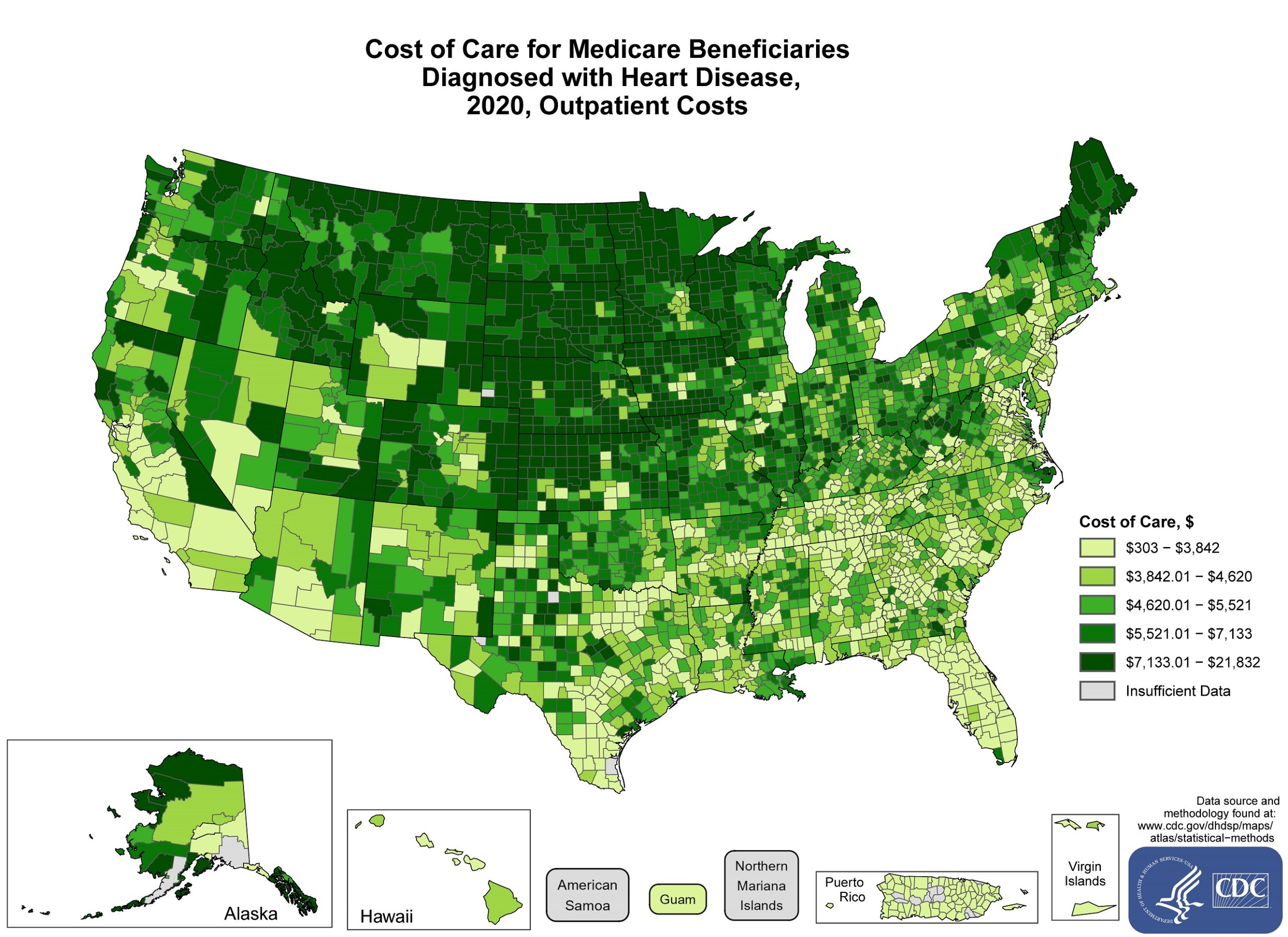 costs-outpatient The average costs incurred by Outpatient Medicare Beneficiary diagnosed with heart disease in 2021 by County. The map shows that the concentrations of counties with the highest average cost of care – meaning the top quintile – are located primarily in Maine, New Hampshire, Vermont, Michigan, Wisconsin, Minnesota, Illinois, Missouri, Iowa, Kansas, Nebraska, South Dakota, North Dakota, Montana, Wyoming, Colorado, Utah, Idaho, Washington, Oregon, California, Texas and Alaska. Pockets of high-rate counties also were found in New York, Pennsylvania, West Virginia, Ohio, Indiana, and Oklahoma.