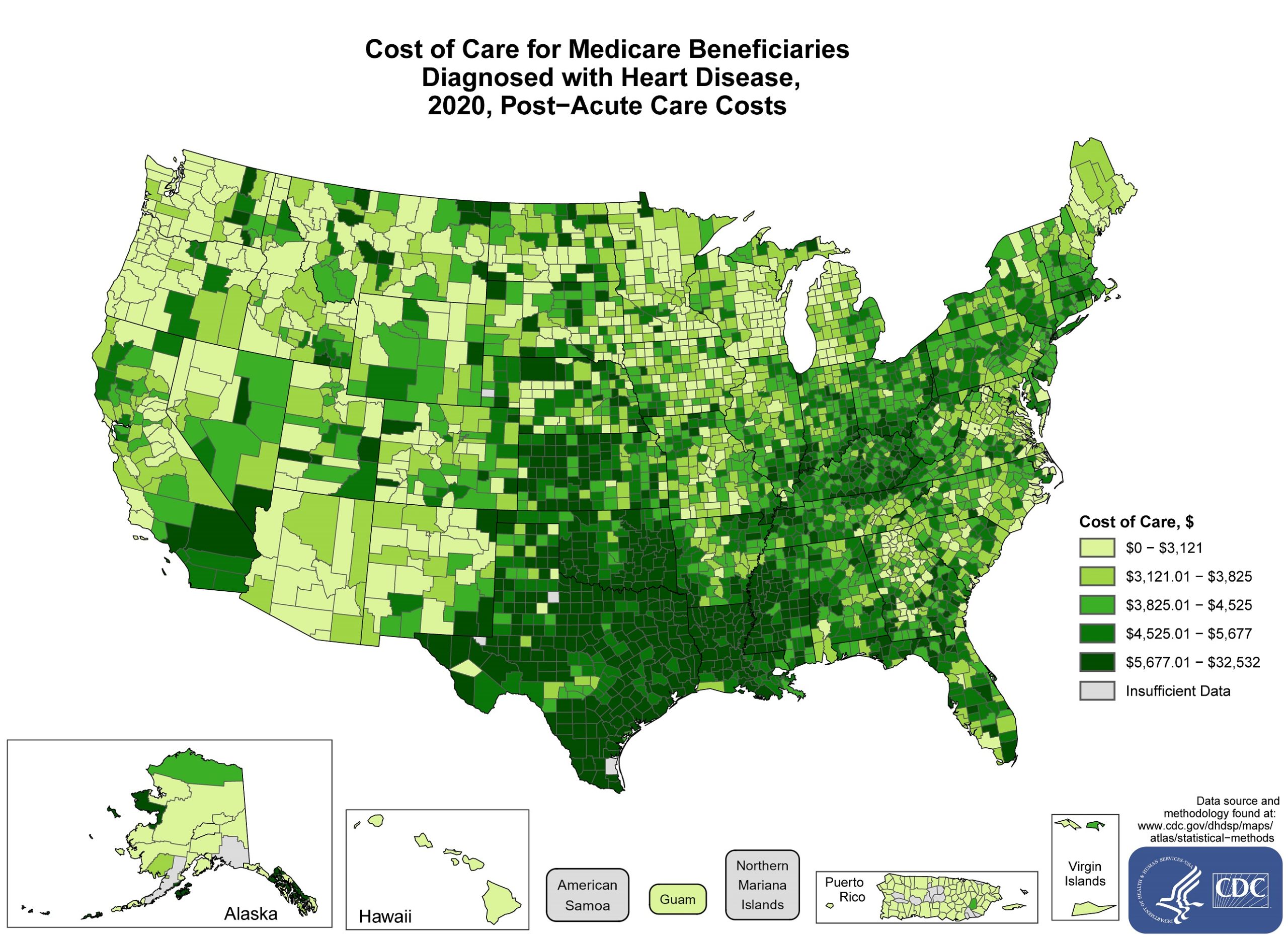 costs-post-acute-care The average costs incurred by Post-Acute Care Medicare Beneficiary diagnosed with heart disease in 2021 by County. The map shows that the concentrations of counties with the highest average cost of care – meaning the top quintile – are located primarily in Kentucky, Kansas, Oklahoma, Texas, Louisiana, and Mississippi. Pockets of high-rate counties also were found in Ohio, Indiana, Illinois, Tennessee, Georgia, Alabama, Arkansas, Missouri, Nebraska, South Dakota, North Dakota, Montana, California, Utah, Nevada, Washington, and Alaska.