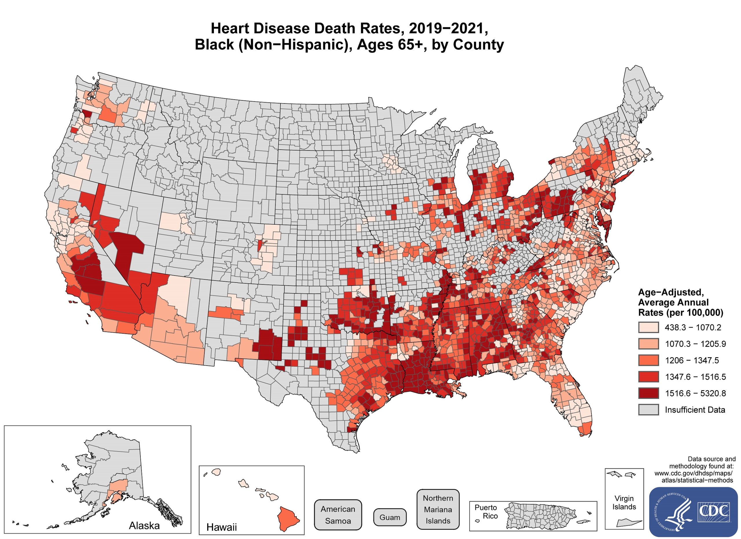 hd65_black The map shows that concentrations of counties with the highest heart disease death rates for Blacks - meaning the top quintile - are located primarily in Mississippi, Georgia, Alabama, Louisiana, Texas, Arkansas, Maryland, Oklahoma, Pennsylvania, Ohio, and Michigan. Pockets of high-rate counties also were found in parts of Tennessee, Virginia, Kentucky, Missouri, Minnesota, Illinois, Nevada, California, New Mexico, New Jersey.