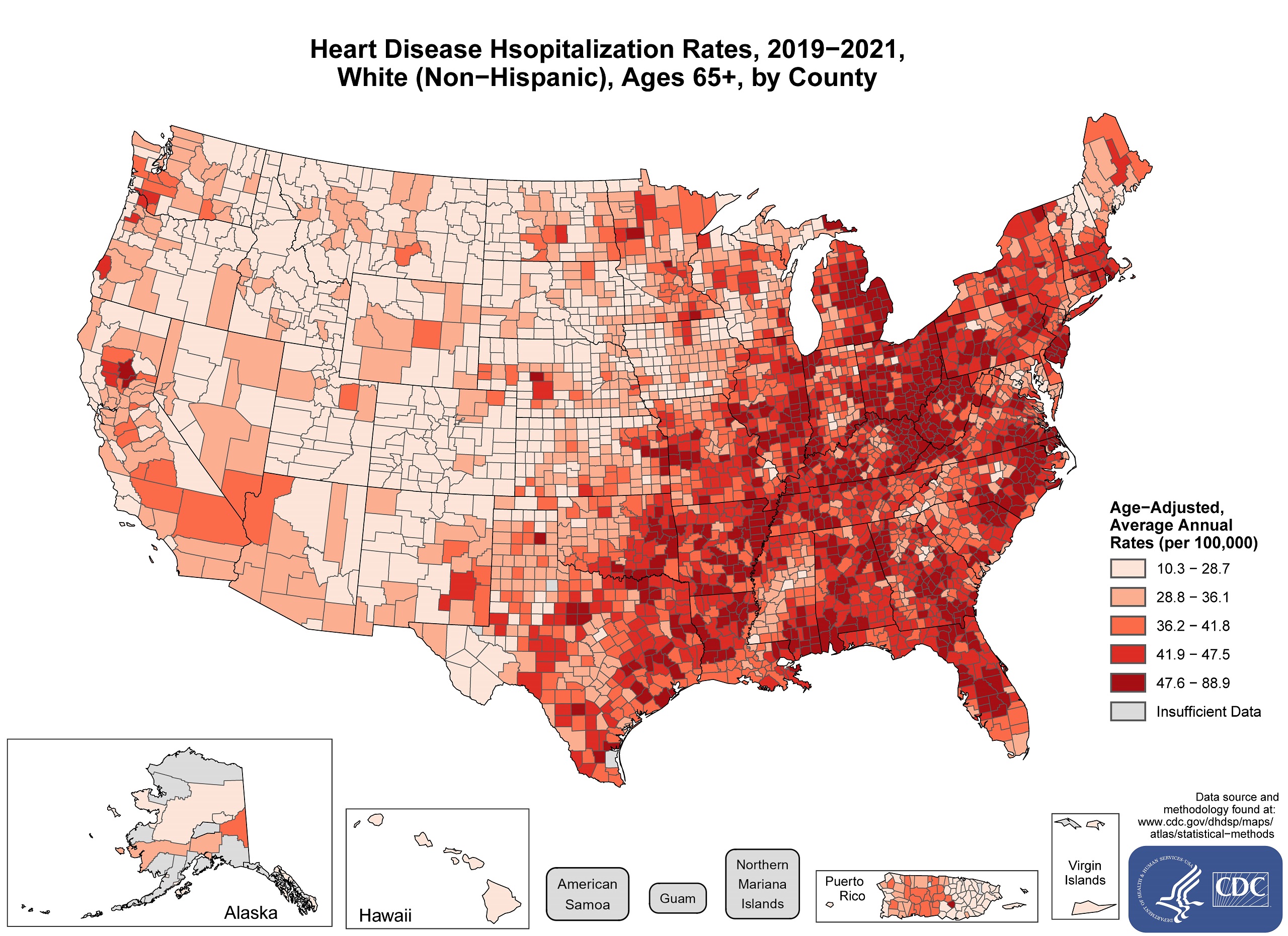 hd_hospitalization_whites The map shows that concentrations of counties with the highest heart disease hospitalization rates, White (non-Hispanic) adults ages 65 and older - meaning the top quintile - with heavy concentrations of high-rate counties in Texas, Missouri, Oklahoma, Arkansas, Louisiana, Alabama, Mississippi, Georgia, Floria, North Carolina, South Carolina, Illinois, Michigan, Indiana, Ohio, Kentucky, Tennesse, Virigina, West Virigina, Washington, D.C., Delaware, New Jersey, Connecticut, Pennsylvania, New York, Vermont, Massachusetts, Rhode Island.