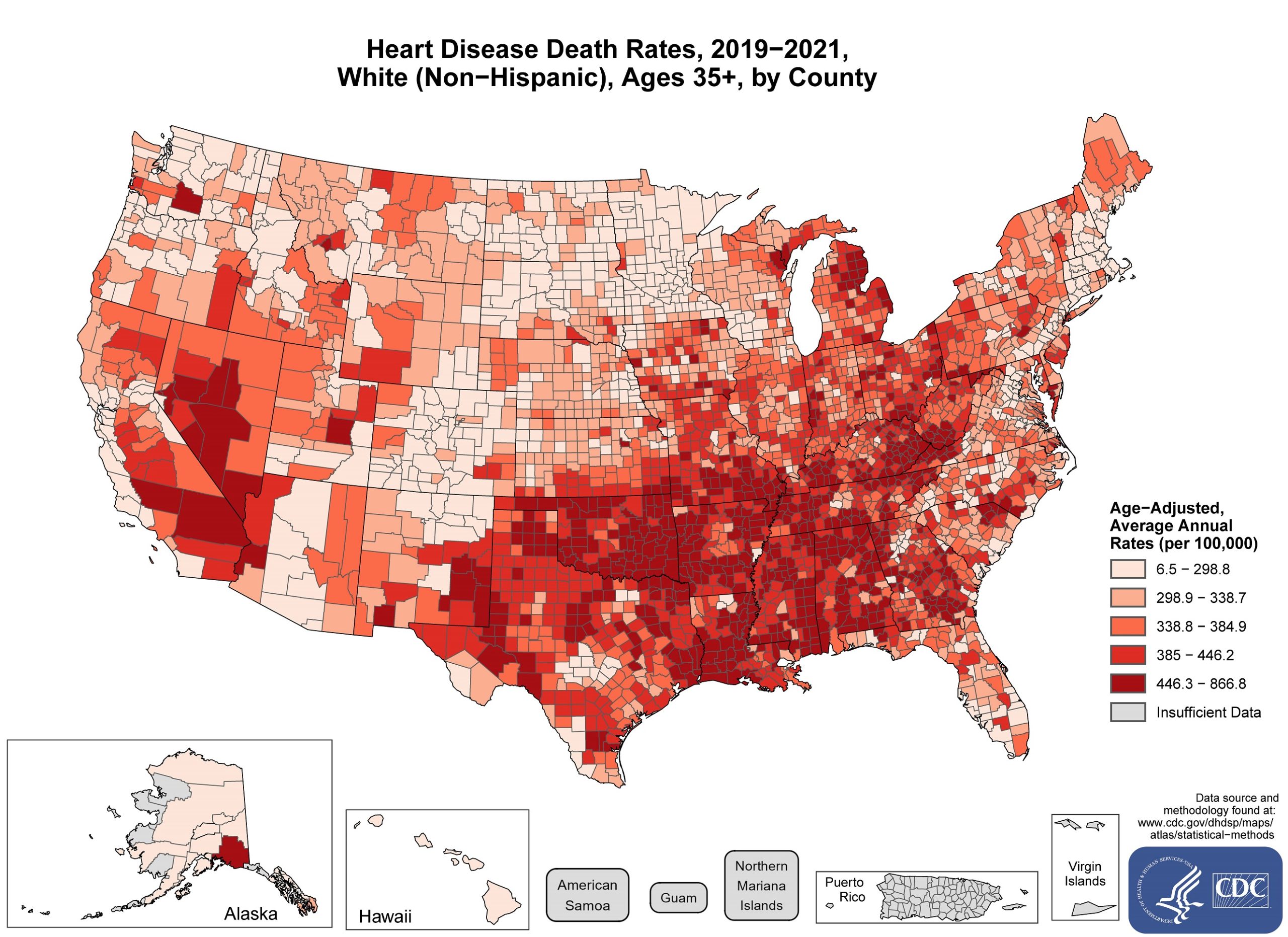 hd_white The map shows that concentrations of counties with the highest heart disease death rates - meaning the top quintile - are located primarily in Alabama, Georgia, Mississippi, Louisiana, Arkansas, Oklahoma, Kentucky, Tennessee, Texas, New Mexico, Nevada, California, and Iowa. Pockets of high-rate counties also were found in South Carolina, North Carolina, Virginia, West Virginia, Ohio, Missouri, Michigan, Kansas, Iowa, Indiana, Washington, and Utah.