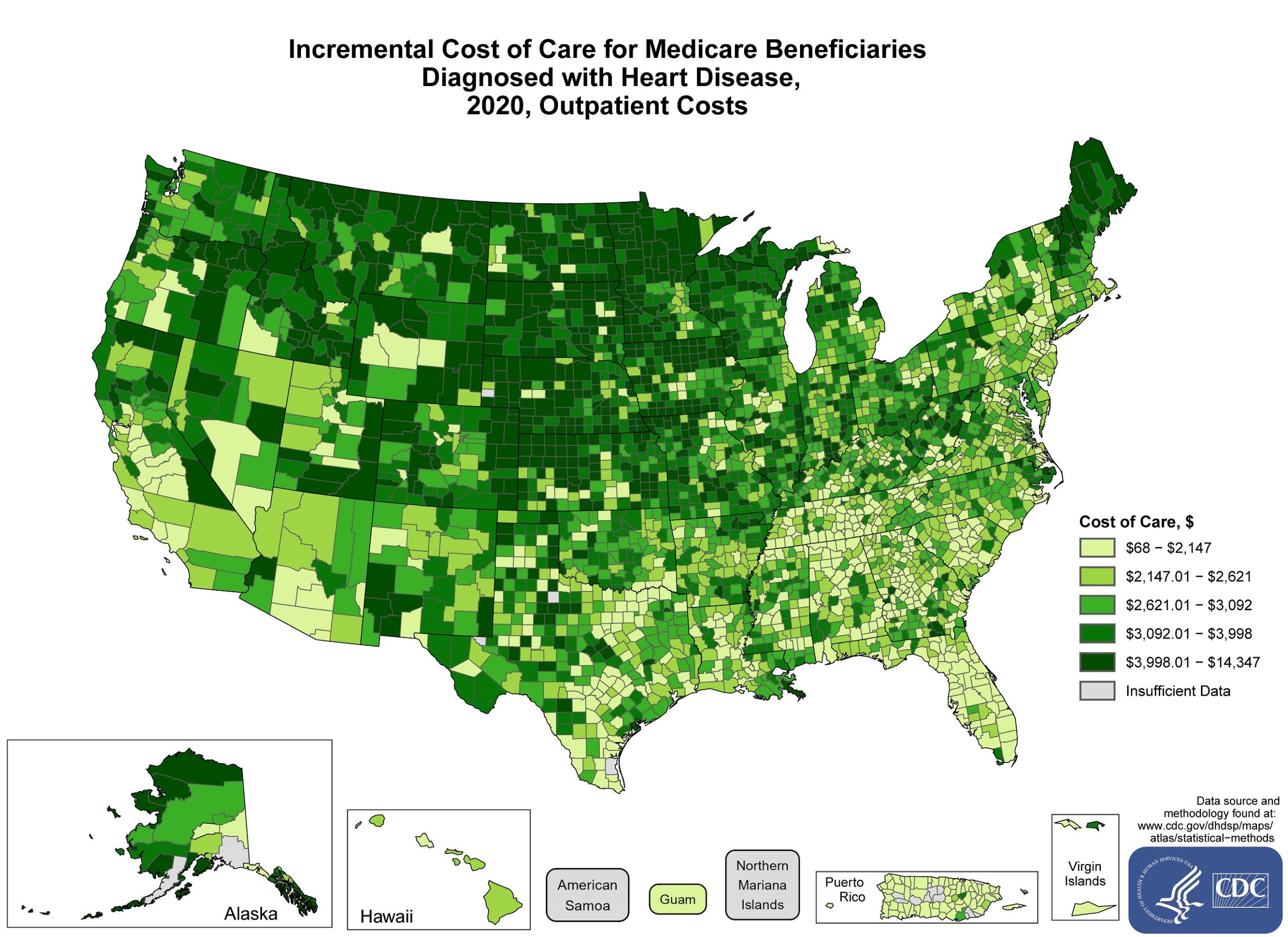 incremental-costs-outpatient The average costs incurred by Outpatient Medicare Beneficiaries with heart disease above and beyond the costs incurred among beneficiaries without heart disease in 2021 by County. The map shows that the concentrations of counties with the highest average Incremental cost of care – meaning the top quintile – are located primarily in Maine, New Hampshire, Vermont, West Virginia, Illinois, Missouri, Iowa, Wisconsin, Minnesota, North Dakota, South Dakota, Nebraska, Kansas, Colorado, Wyoming, Montana, Idaho, Washington, Oregon, Nevada, California, Utah, New Mexico, Texas, and Alaska. Pockets of high-rate counties also were found in New York, Pennsylvania, Ohio, Indiana, Michigan, Georgia, and Arkansas.