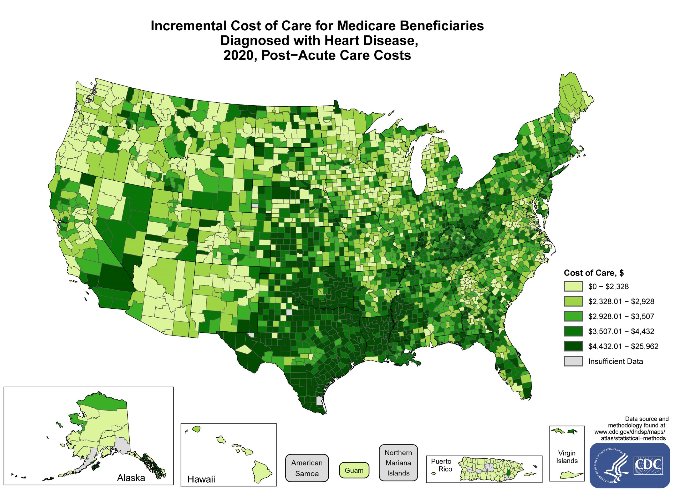 incremental-costs-post-acute-care The average costs incurred by Post-Acute Care Medicare Beneficiaries with heart disease above and beyond the costs incurred among beneficiaries without heart disease in 2021 by County. The map shows that the concentrations of counties with the highest average Incremental cost of care – meaning the top quintile – are located primarily in Kentucky, North Dakota, South Dakota, Nebraska, Kansas, Oklahoma, Mississippi, Louisiana, and Texas. Pockets of high-rate counties also were found in Ohio, Indiana, West Virginia, Illinois, Minnesota, Iowa, Missouri, Arkansas, Alabama, Georgia, Florida, Colorado, Utah, New Mexico, Nevada, California, Montana, Washington, and Alaska.