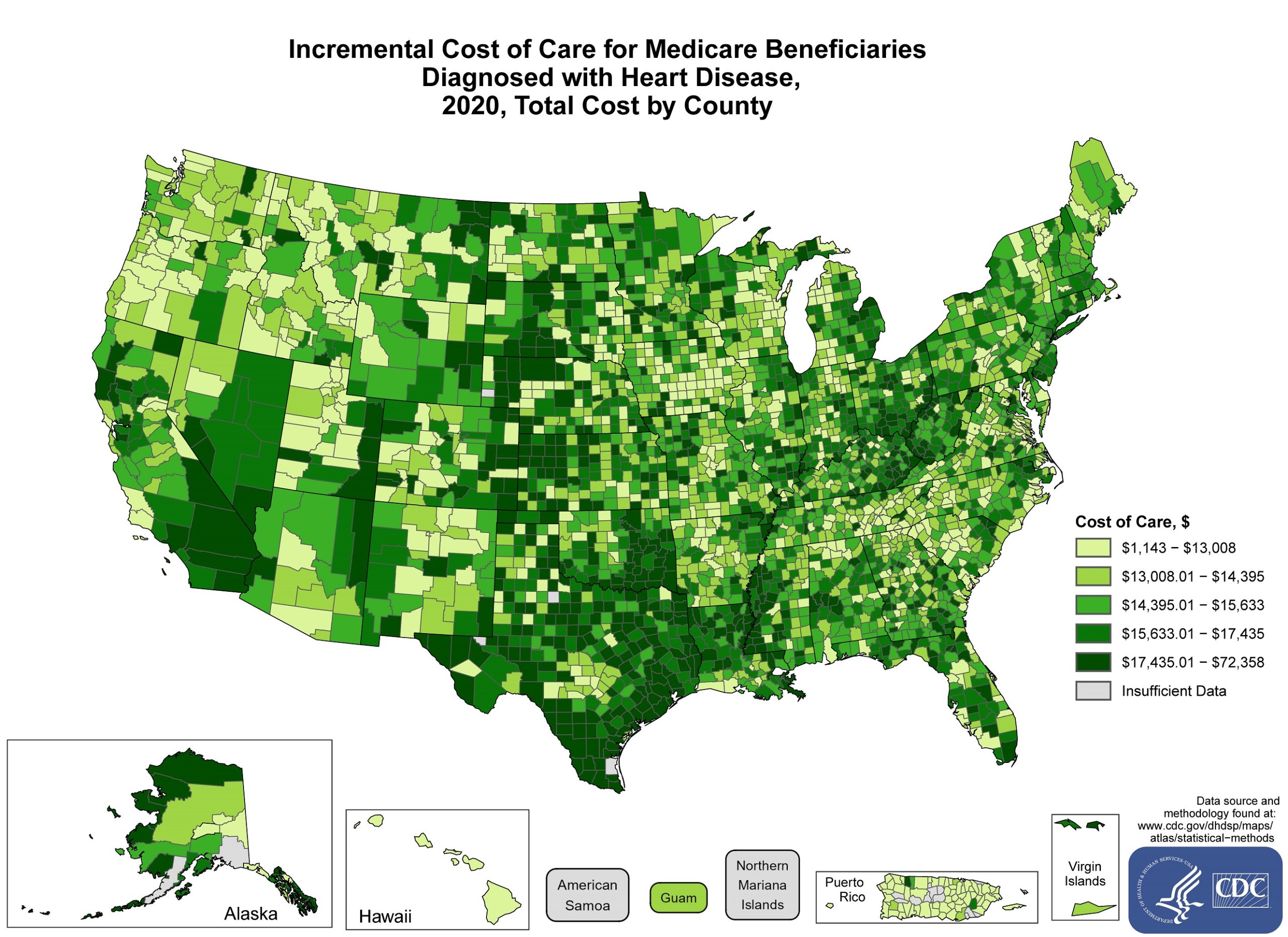 incremental-costs-total The average costs incurred by all Medicare Beneficiaries with heart disease above and beyond the costs incurred among beneficiaries without heart disease in 2021 by County. The map shows that the concentrations of counties with the highest average Incremental cost of care – meaning the top quintile – are located primarily in Ohio, Kentucky, Illinois, Georgia, Mississippi, Louisiana, Oklahoma, South Dakota, Nebraska, Kansas, Texas, California, and Alaska. Pockets of high-rate counties also were found in New York, West Virginia, Virginia, South Carolina, North Carolina, Tennessee, Michigan, Wisconsin, Minnesota, North Dakota, Iowa, Missouri, Arkansas, Florida, Alabama, Colorado, Wyoming, Montana, Nevada, Utah, Idaho, New Mexico, Arizona and the Virgin Islands.
