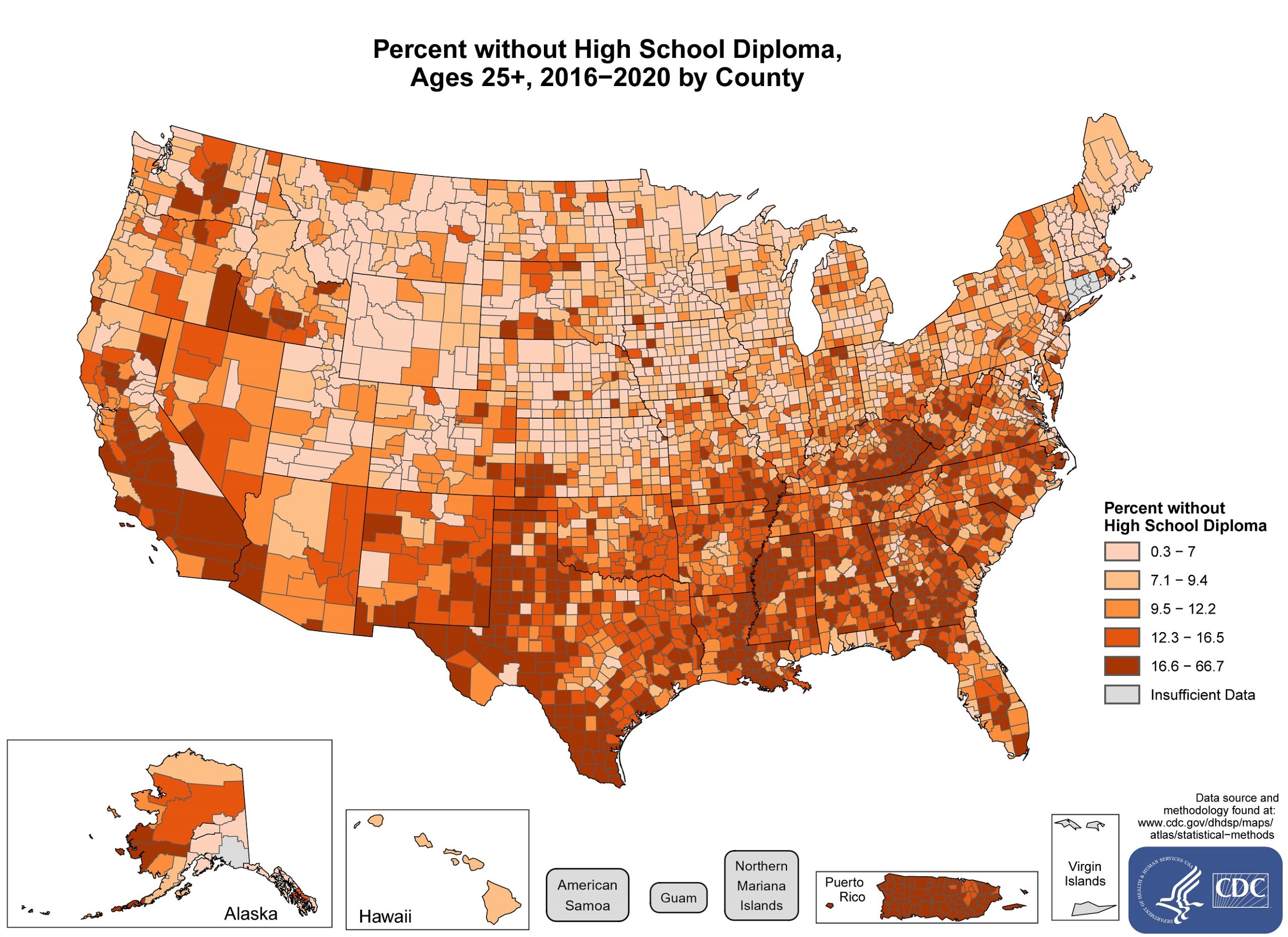 sd_high_school Counties with the highest percentage without a high school diploma for 2016–2020 were located primarily in West Virginia, Kentucky, North Carolina, Tennessee, South Carolina, Georgia Florida, Alabama, Mississippi, Louisiana, Texas, Arkansas, California, and Puerto Rico. Pockets of high-rate counties are also found in Maryland, New Jersey, Ohio, Indiana, Wisconsin, Iowa, Oklahoma, New Mexico, Arizona, Kansas, Colorado, Nebraska, South Dakota, Idaho, Oregon, Washington, and Alaska. The range in the percentage of the population ages 25 and older with less than a high school degree was between 1.4% and 78.1%.
