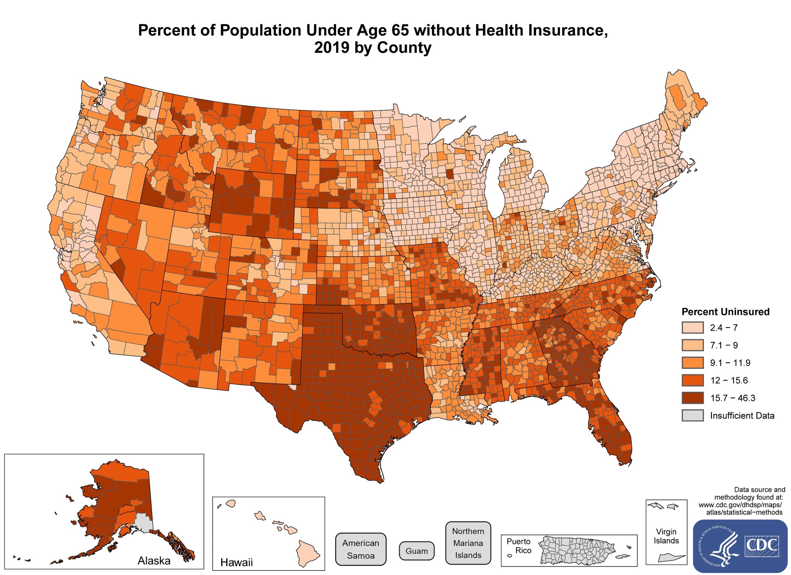 sd_insurance Counties with the highest percentage of the population under age 65 without health insurance in 2019 were located primarily in Wyoming, Oklahoma, Texas, Mississippi, Georgia, Florida, and Alaska. Pockets of high-rate counties are also found in Ohio, Indiana, North Carolina, Missouri, Kansas, South Dakota, Montana, Idaho, Nevada, Washington, New Mexico, Colorado, and Nebraska. The range in the percentage without health insurance was between 2.4% and 35.8%.