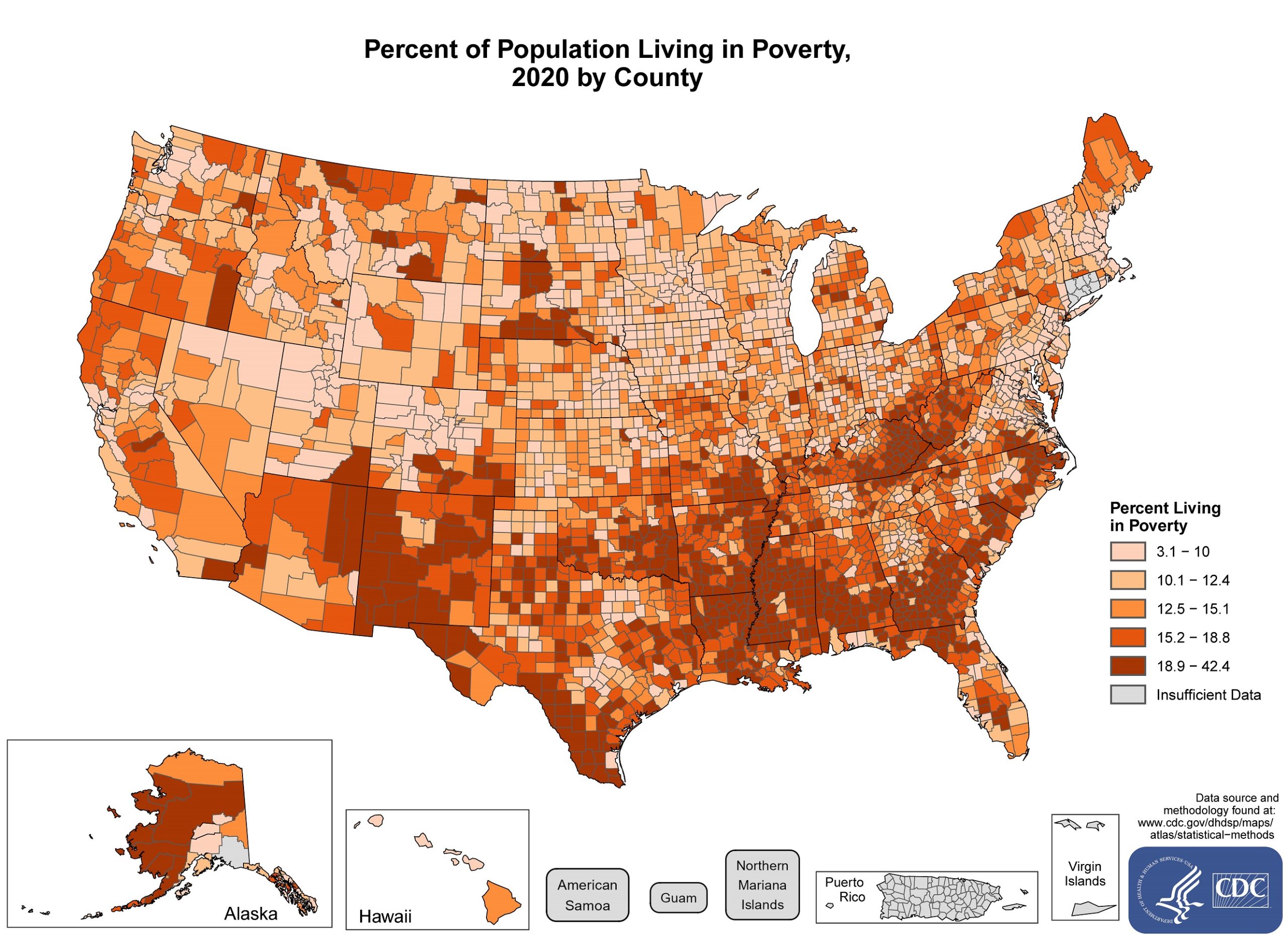 sd_poverty Counties with the highest percentage of the population living in poverty in 2020 were located primarily in West Virginia, Kentucky, North Carolina, South Carolina, Georgia, Alabama, Mississippi, Arkansas, Louisiana, Florida, Oklahoma, Texas, New Mexico, Missouri, South Dakota, and Alaska. Pockets of high-rate counties are also found in Virginia, Ohio, Illinois, India, Kansas, Colorado, Montana, Oregon, California, and Arizona. The range in the percentage living in poverty was between 3.0% and 43.9%.