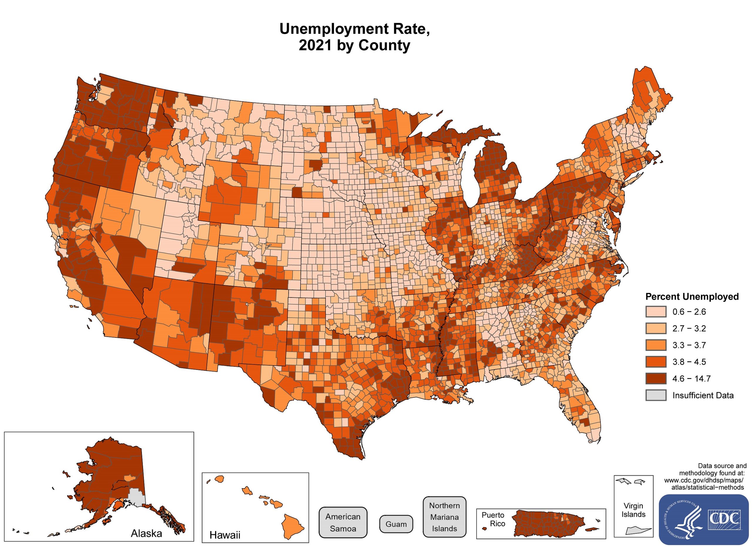 sd_unemployment Counties with the highest unemployment rates in 2021 were scattered throughout Pennsylvania, West Virginia, Ohio, Kentucky, Michigan, North Carolina, Illinois, Mississippi, Texas, New Mexico, Washington, Oregon, California, Alaska, and Puerto Rico. Pockets of high-rate counties are also found in Massachusetts, New Jersey, South Carolina, Georgia, Alabama, Louisiana, Arkansas, Oklahoma, Nevada, South Dakota, Minnesota, Wisconsin, Montana, and Idaho. The range in the unemployment rate was between 0.9% and 19.9%.
