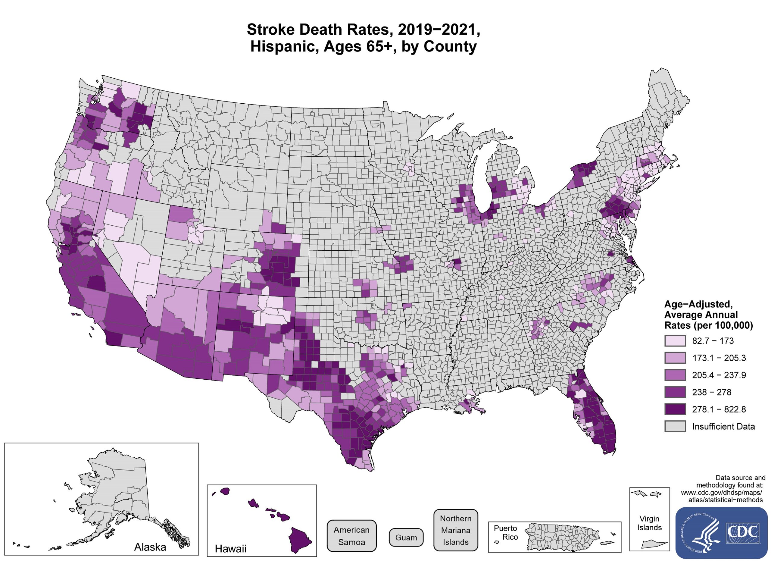 stroke65_hispanics The map shows that concentrations of counties with the highest stroke death rates - meaning the top quintile - are located primarily in Hawaii, Washington, Texas, Colorado, Florida and Pennsylvania. Pockets of high-rate counties are also found in New York, Minnesota, California, New Mexico, Oregon, and Michigan.