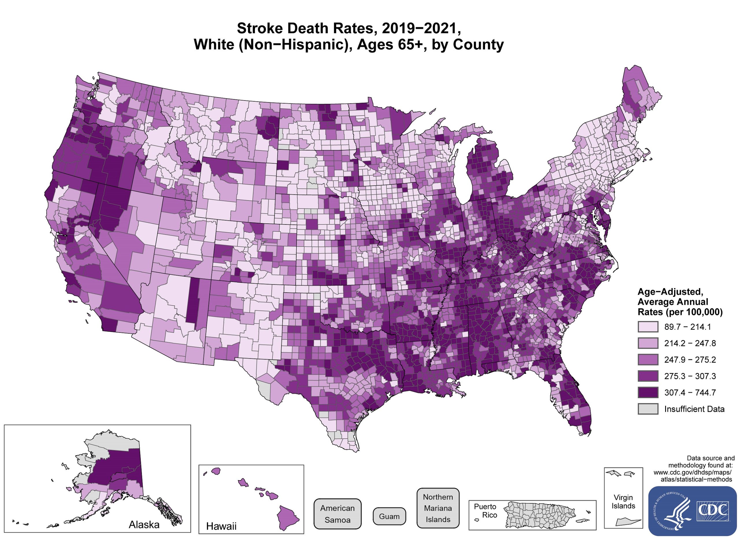 stroke65_whites The map shows that concentrations of counties with the highest stroke death rates - meaning the top quintile - are located primarily in the Southeast, with heavy concentrations of high-rate counties in Alabama, Mississippi, Louisiana, Nevada, Texas, Arkansas, Tennessee, Kentucky, Ohio, Indiana, Michigan, Illinois, Missouri, North Carolina, South Carolina, Florida, Maryland, and Delaware. Pockets of high-rate counties are also found in West Virginia, Pennsylvania, Virginia, West Virginia, Oklahoma, Kansas, North Dakota, South Dakota, Montana, Oregon, Alaska, Arizona, and California.