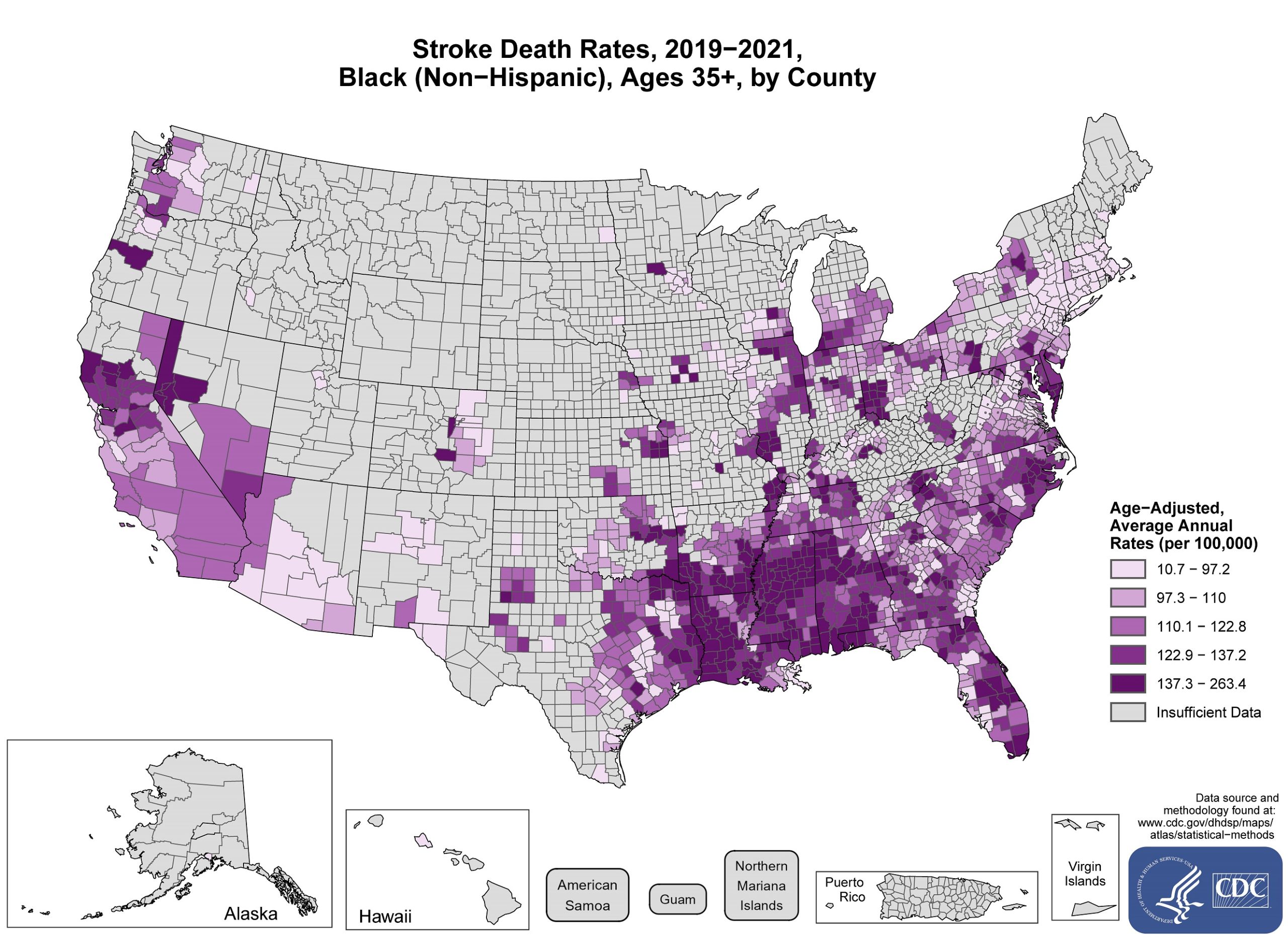 stroke_blacks The map shows that concentrations of counties with the highest stroke death rates - meaning the top quintile - are located primarily in parts of Louisiana, Mississippi, Alabama, Arkansas, Delaware, and Florida. Pockets of high-rate counties are also found in South Carolina, Georgia, North Carolina, Tennessee, Pennsylvania, Missouri, Kansas, Colorado, Nevada, Illinois, Indiana, Ohio, Maryland, California, Oregon, and Oklahoma.
