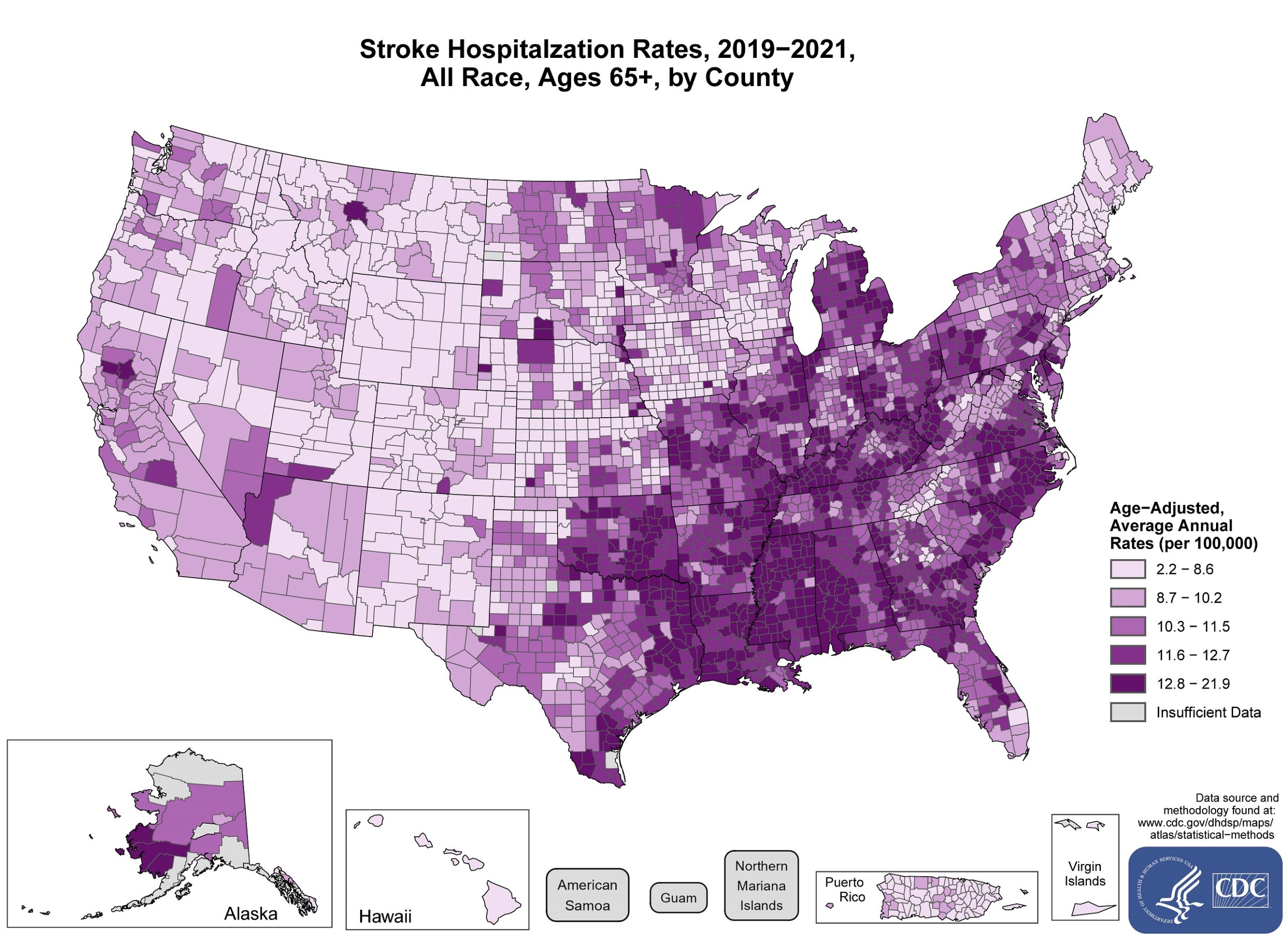 stroke_hospitalization_all The US map shows stroke hospitalization rates for the years 2019-2021 for all races and ages 65 and older by county.