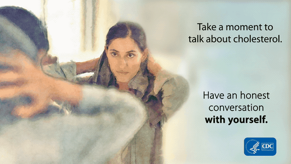 AHM-Infocard-Week2 Take a moment to talk about cholesterol. Have an honest conversation with yourself. Image of a woman looking in the mirror.