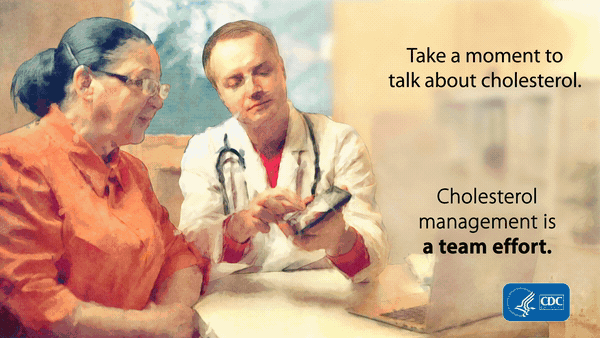 AHM-Infocard-Week4 Take a moment to talk about cholesterol. Cholesterol management is a team effort. Image of a doctor showing a patient something on a tablet screen.