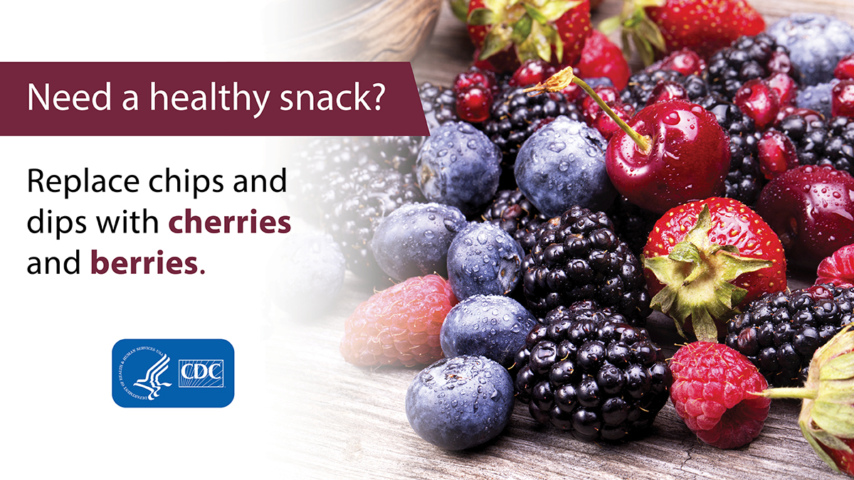 berries-cherries Photo of various berries and cherries with the caption: Need a healthy snack? Replace chips and dip with berries and cherries