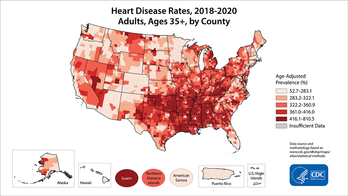 fs_heart_disease_medium Map illustrating heart disease death rates by county in the United States from 2018–2020 for adults ages 35+.