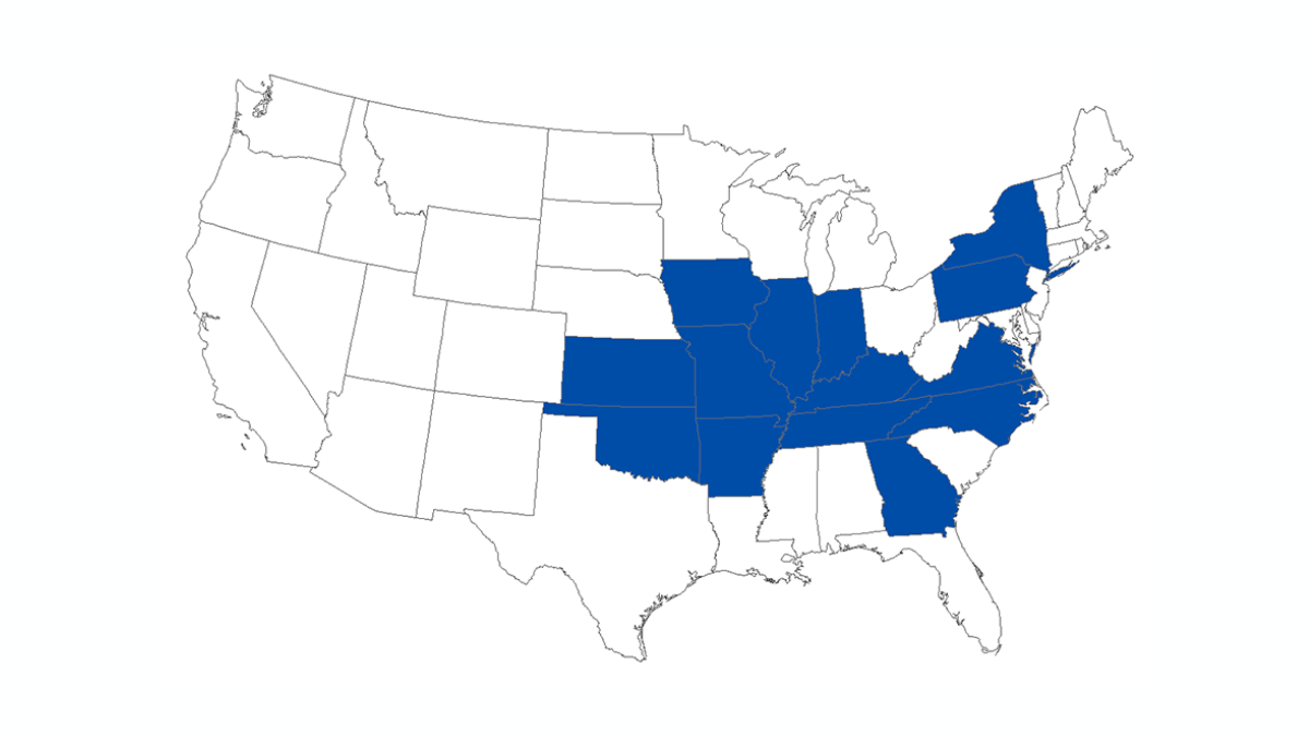 States reporting Heartland: Arkansas, Georgia, Illinois, Indiana, Iowa, Kansas, Kentucky, Missouri, New York, North Carolina, Oklahoma, Pennsylvania, Tennessee, and Virginia