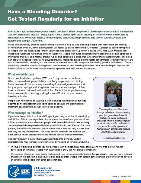 — title missing — Fact sheet titled, Have a bleeding disorder? Get tested regularly for an inhibitor