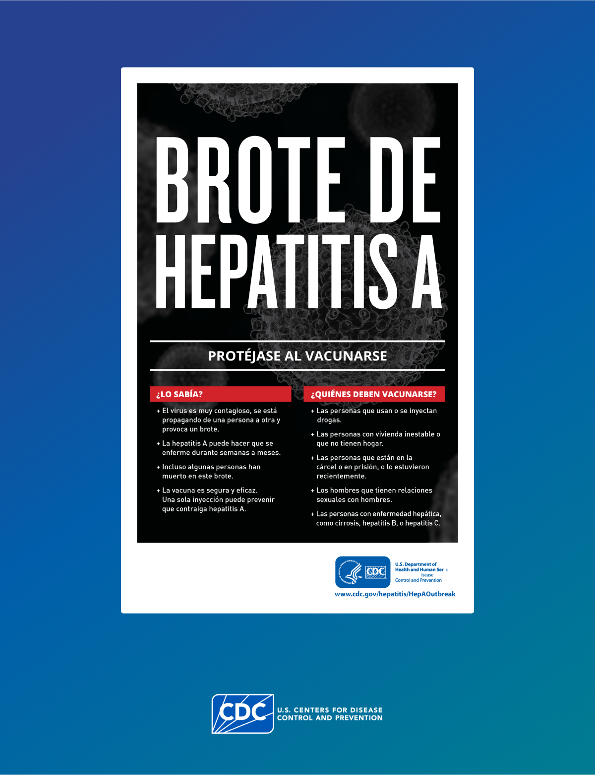 Poster in Spanish showing details around what to do during a hepatitis A outbreak for high risk individuals