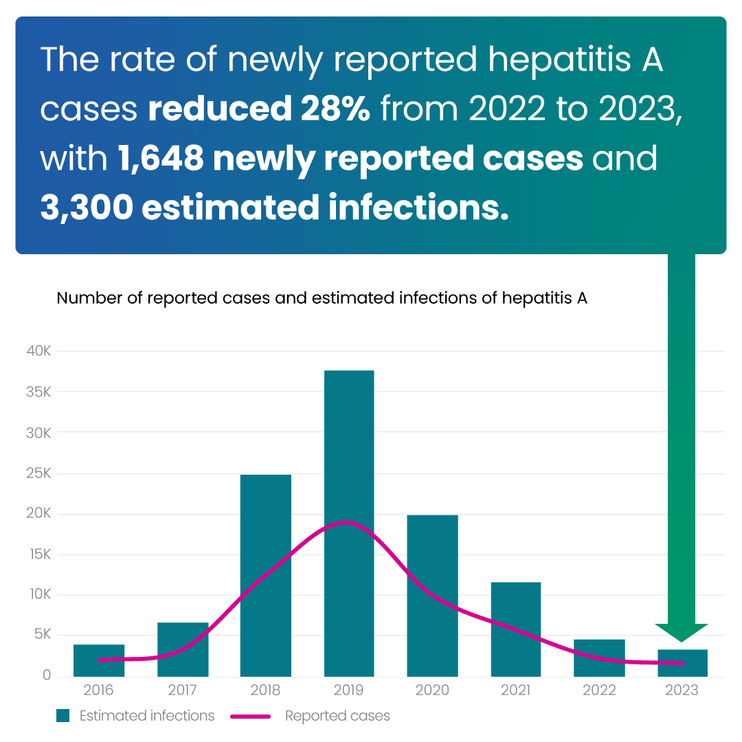 Rate of newly reported hep A cases reduced 28%, with 1,648 newly reported cases and 3,300 estimated infections.