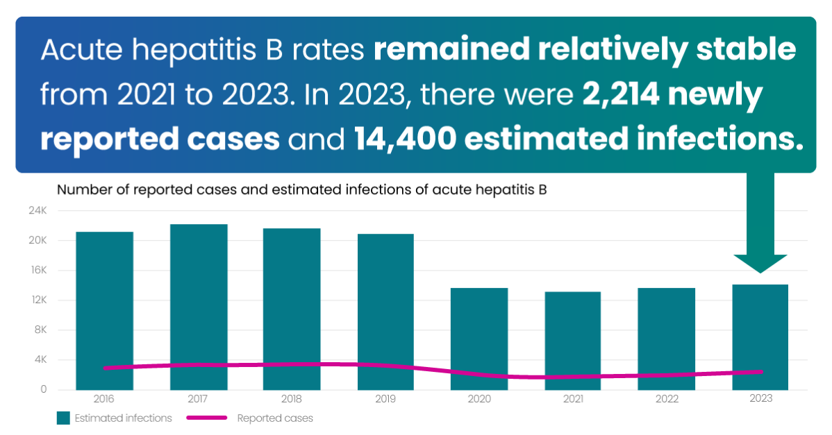Acute hep B rates remained relatively stable. There were 2,214 newly reported cases and 14,400 estimated infections.