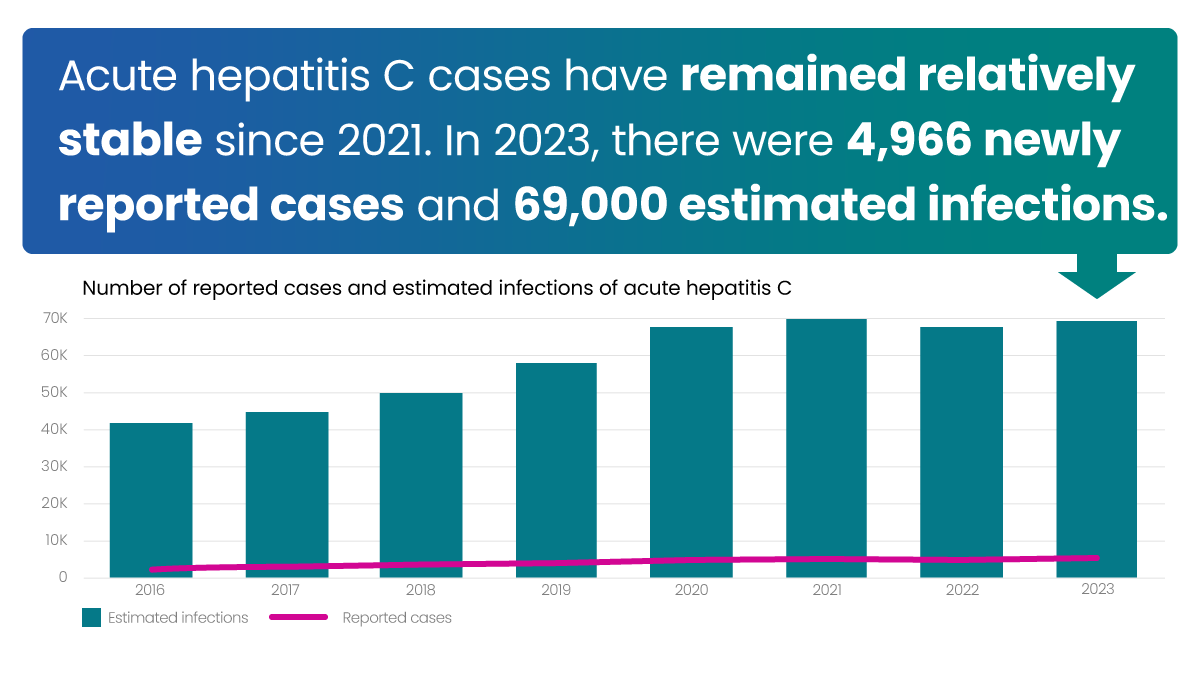 Acute hep C cases remained relatively stable. There were 4,966 newly reported cases and 69,000 estimated infections.