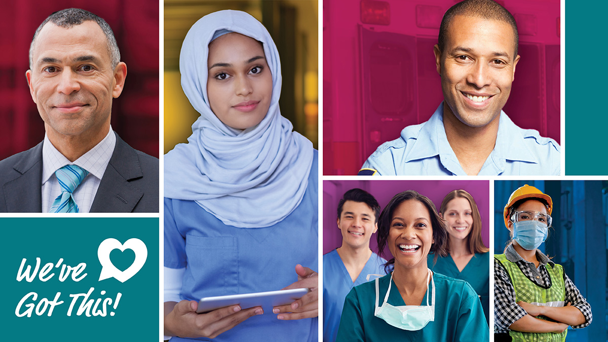 — title missing — Collage of people in various professions and settings along with the CDC logo saying, “We’ve Got This!”