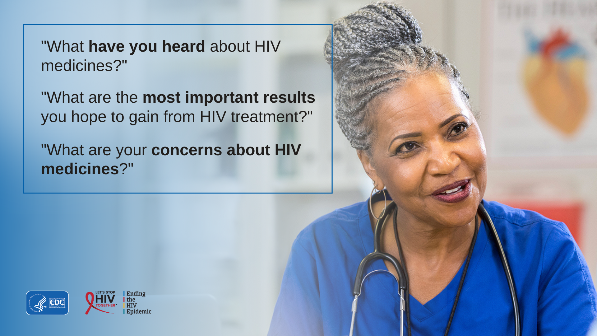 Talking about HIV treatment Provider asking questions about HIV treatment to assess patient readiness.