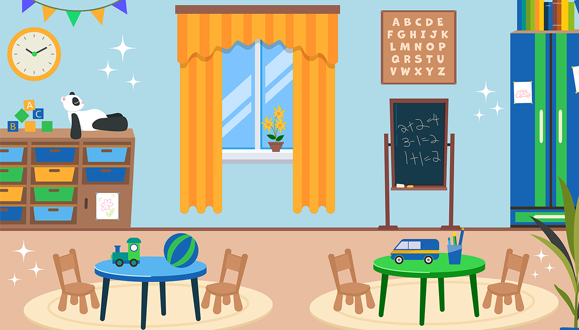 children's classroom with chalkboard, stuffed animals, small tables and chairs